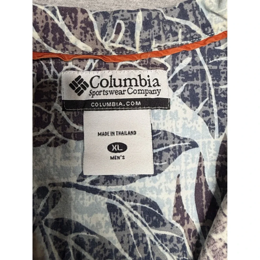 Columbia Mens XL‎ Tropical Monstera Palm Leaf Print Button Up Shirt Blue AM7230